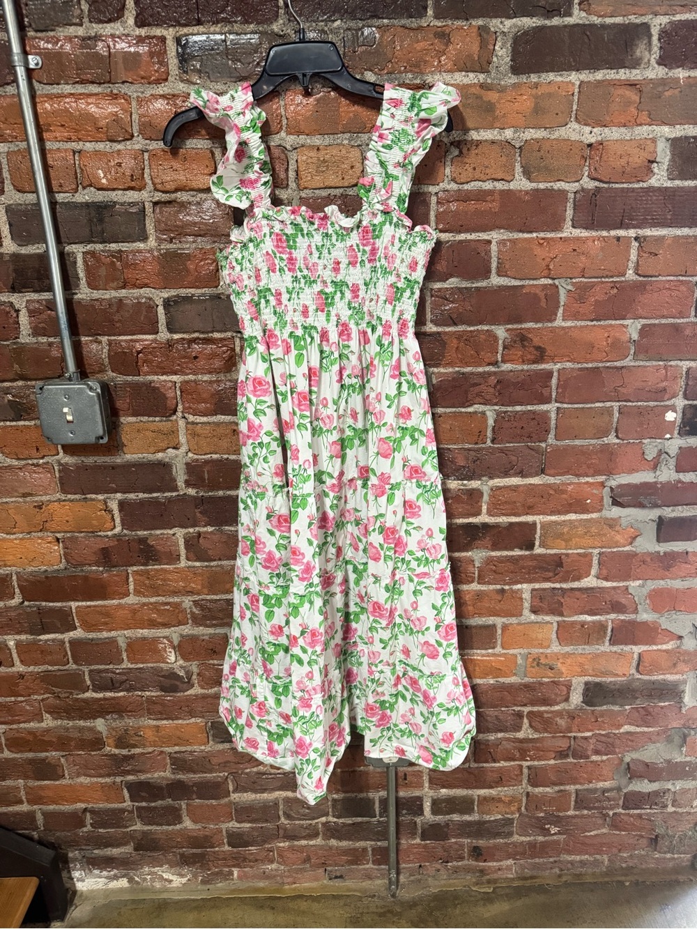 Hill House Floral Smocked Ellie Dress in Pink and Green Rose Pattern Size Large
